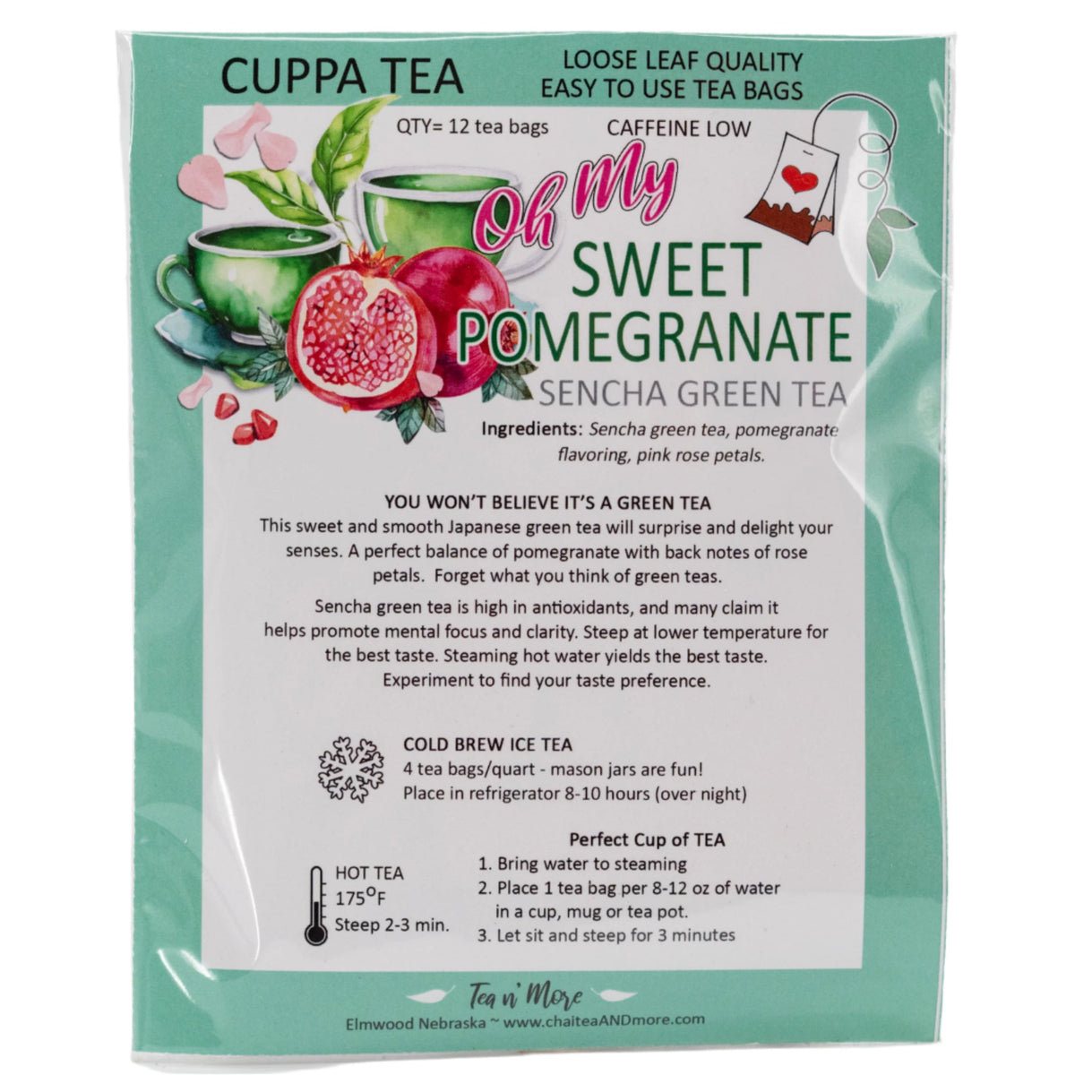 Sweet Pomegranate Tea | Sencha Green Tea | 12 Tea Bags | Caffeinated | Tea n More