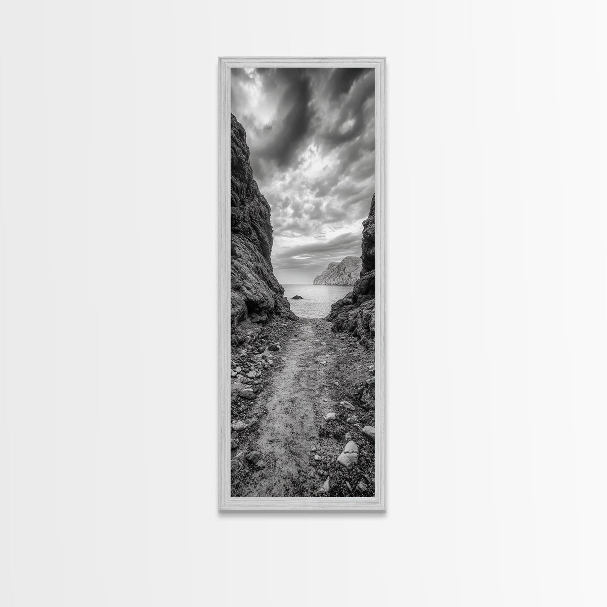 Rocky Pathway, Seaside Trail, Cloudy Horizon, Framed Canvas Print, Moody Coastal Wall Art, Nature Inspired, Monochrome Travel Decor