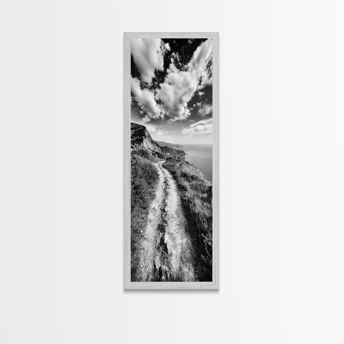 Cliffside Trail View, Path to Sea, Mountain Landscape, Framed Canvas Print, Wanderlust Decor, Office Wall Art, Adventure Travel Aesthetic