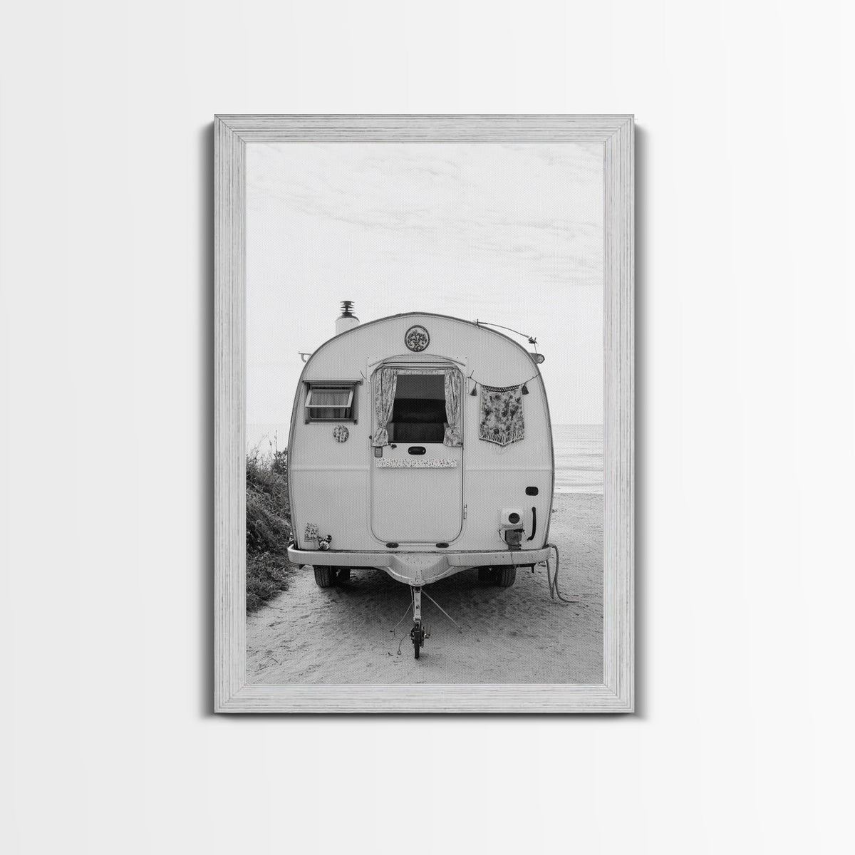 Camper, Vintage, Beach, Boho - Coastal trailer life, Framed Canvas Print, retro decor, great bedroom or travel-inspired office art, black white