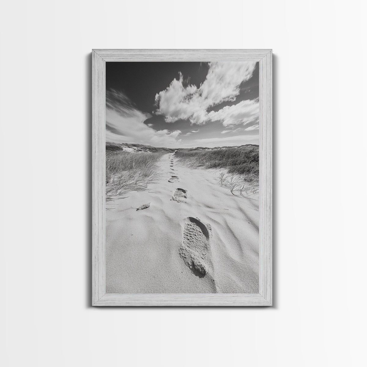 Desert Footprints Path, Dune Art, Wanderlust Vibes, Monochrome Landscape, Framed Canvas Print, Bedroom Wall Decor, Minimalist Travel