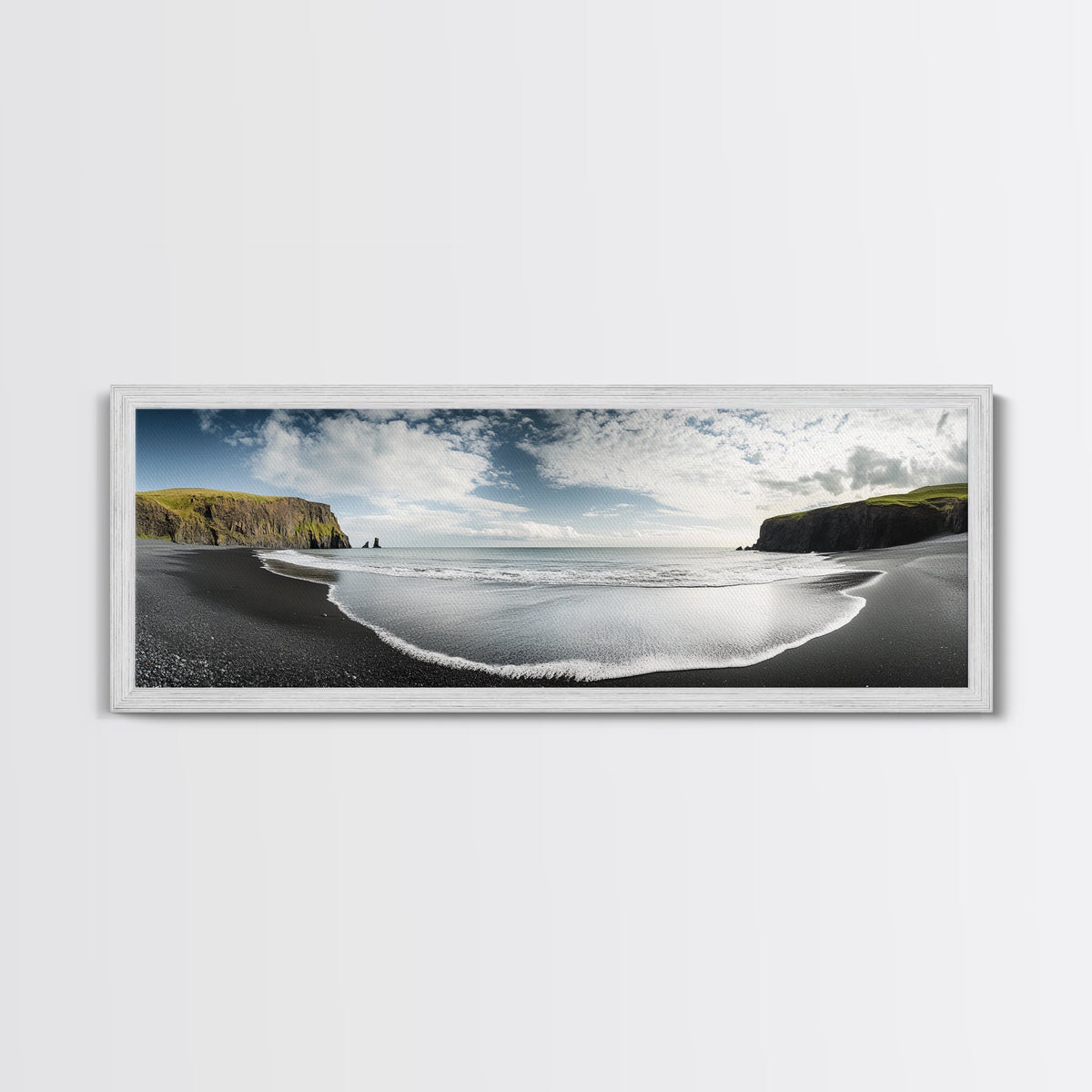Black Sand Beach, Coastal Cliffs, Ocean Horizon, Icelandic Shore, Framed Canvas Print, Living Room Wall Art, Travel Landscape, Nature Decor