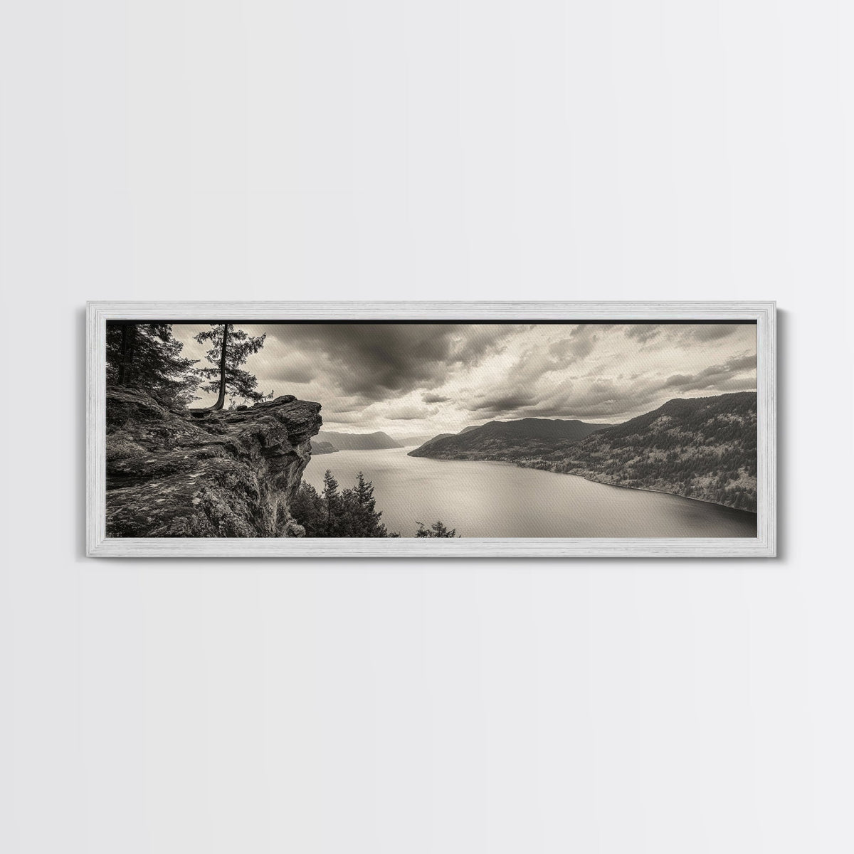 River Cliff View, Forested Mountains, Timeless Horizon, Framed Canvas Print, Living Room Wall Art, Cabin Rustic Decor, Moody Nature Art