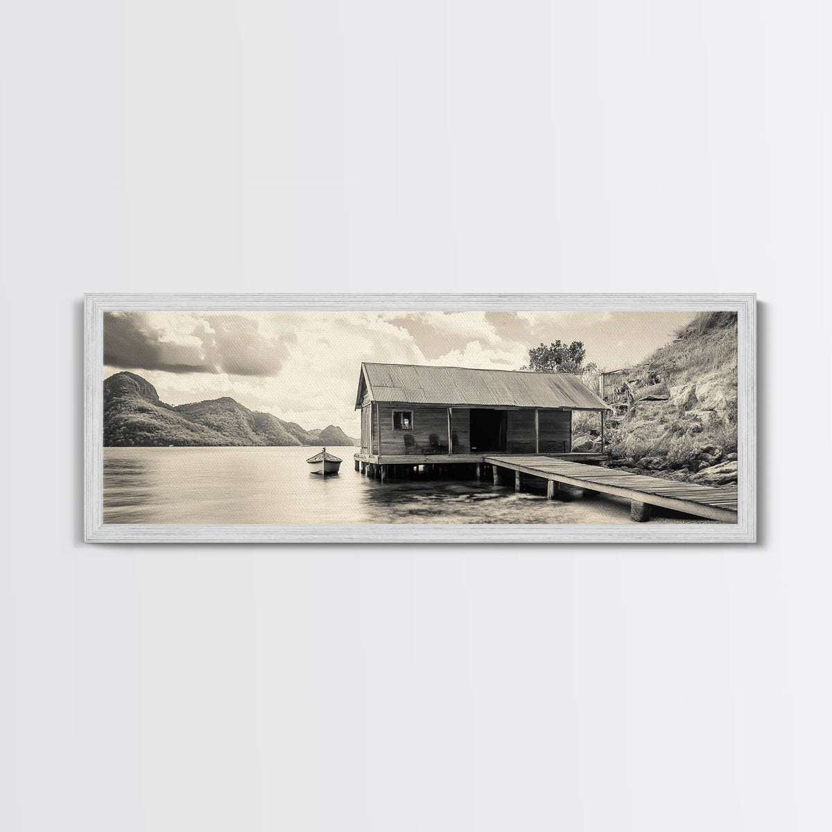 Lake Cabin, Rustic Dock, Mountain View, Serene Water, Framed Canvas Print, Entryway Wall Art, Vintage Travel Decor, Cozy Lakehouse Art