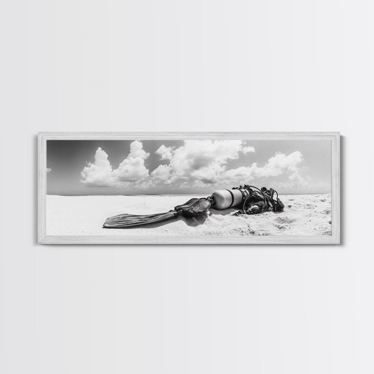 Scuba Gear, Deserted Beach, Ocean Explorer, Framed Canvas Print, minimalist beach decor, scuba diver gift, ocean wall art, travel lover art