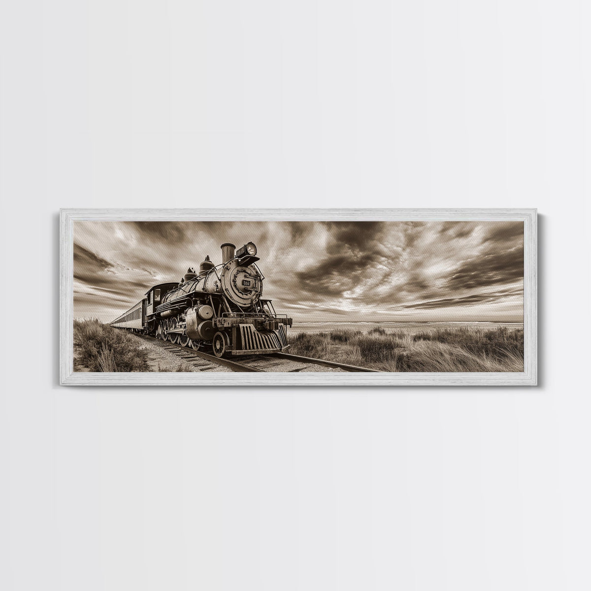 Vintage Train, Desert Steam, Rustic Travel, Western Railroad, Framed Canvas Print, Industrial Decor, Man Cave Wall Art, Rustic Western Art