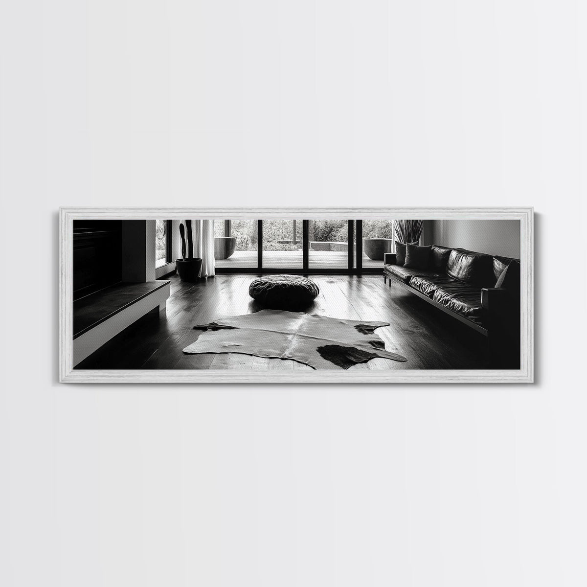 Modern Living, Minimalist Decor, Cowhide Rug, Framed Canvas Print, Neutral Aesthetic Wall Art, Luxury Living Room Design Accent