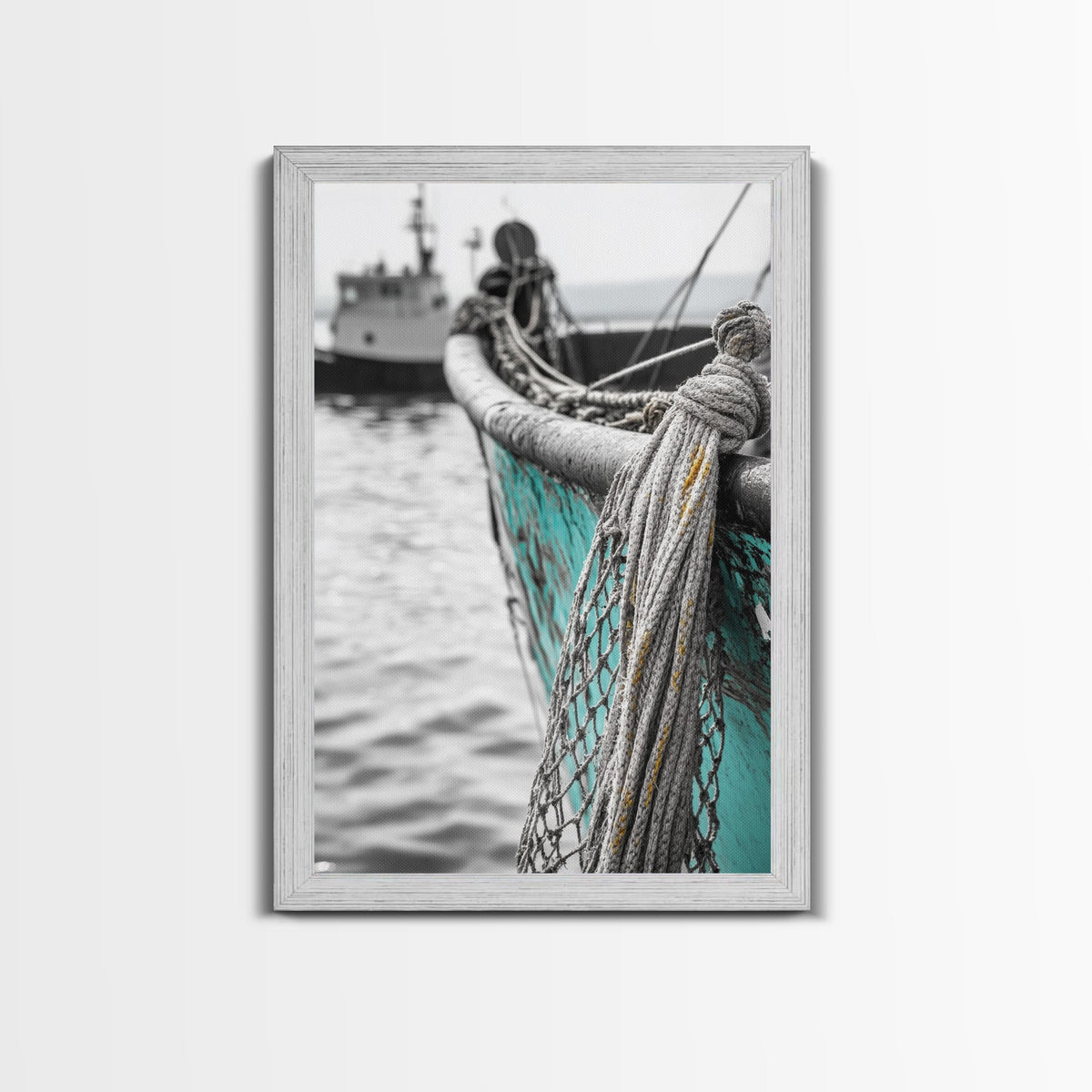 Nautical Texture, Vintage Boat, Rope Detail, Fishing Vessel, Framed Canvas Print, Coastal Wall Art, Rustic Decor, Maritime Photography