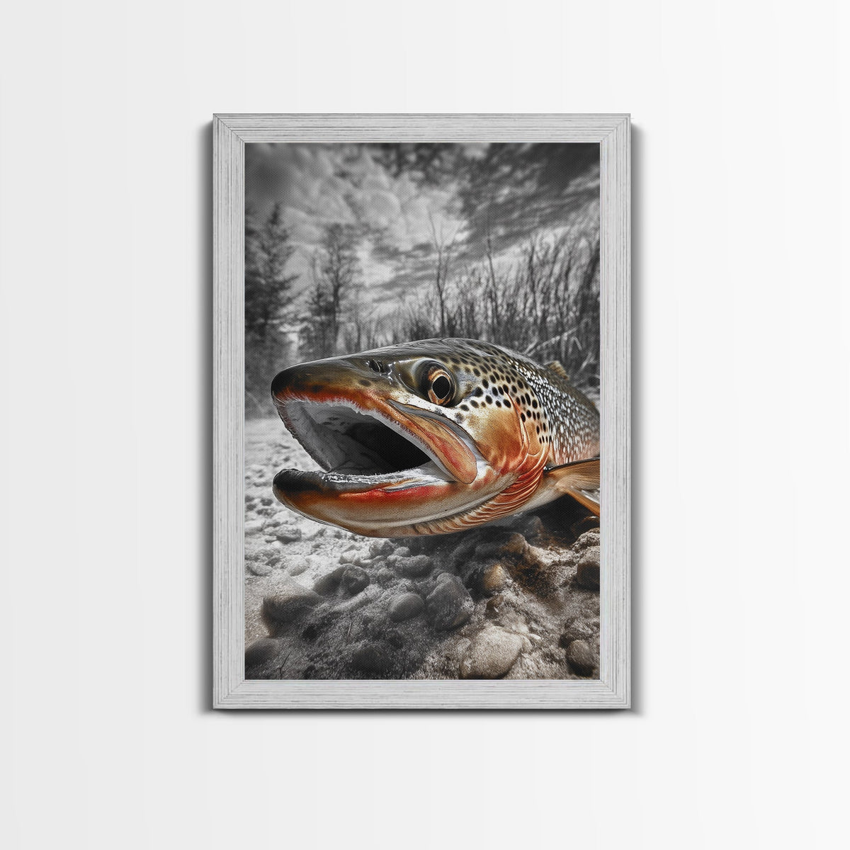 Brown Trout Closeup, Riverbed Focus, Dramatic Fish Art, Framed Canvas Print, Fisherman Gift, Cabin Wall Art, Rustic Outdoor Decor