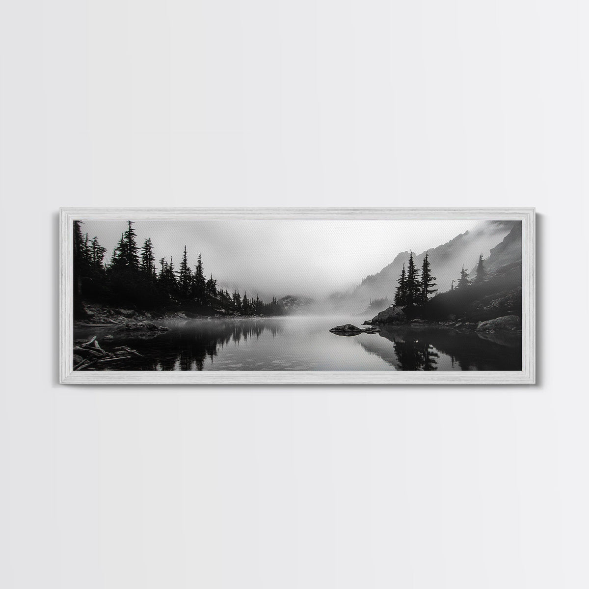Foggy Pines, Mountain Reflection, Monochrome Wilderness, Canvas Print, black and white wall art, cabin decor, minimalist forest scene
