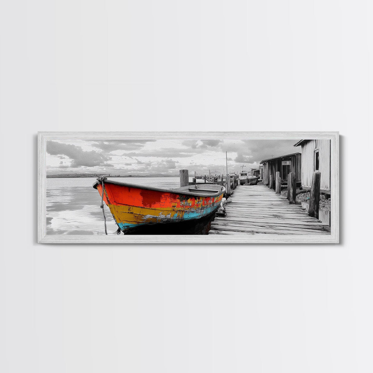Fishing Boat, Rustic Dock, Weathered Wood, Vintage Vibes, Framed Canvas Print, Seaside Decor, Coastal Wall Art, Lake House Aesthetic