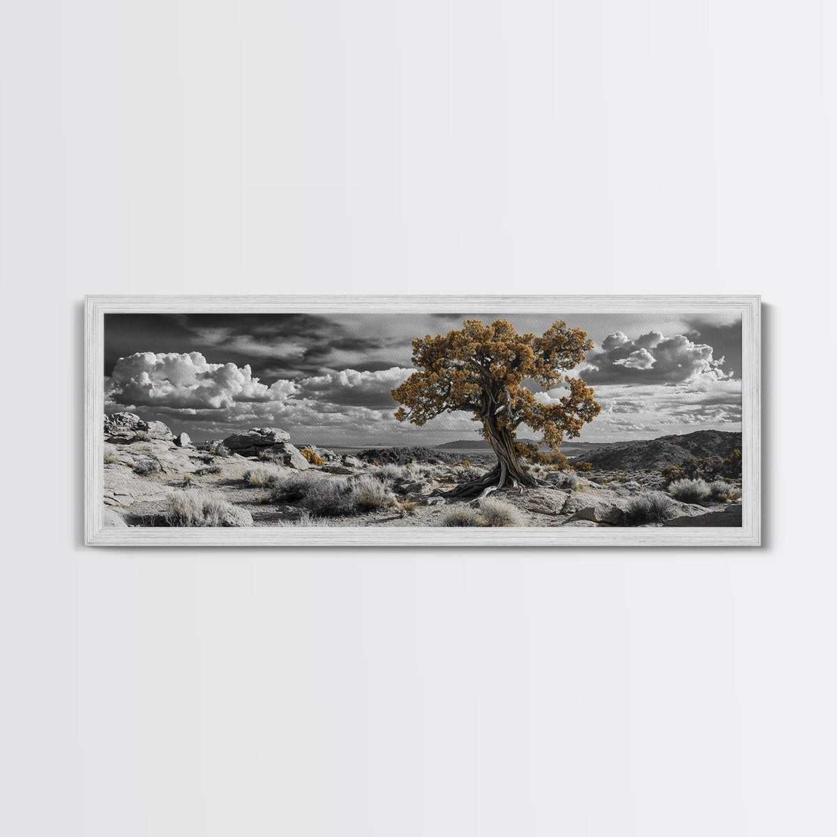 Twisted Desert Tree, Rocky Canyon Art, Dramatic Sky Nature Scene, Framed Canvas Print, Rustic Wall Decor, Moody Western Home Aesthetic
