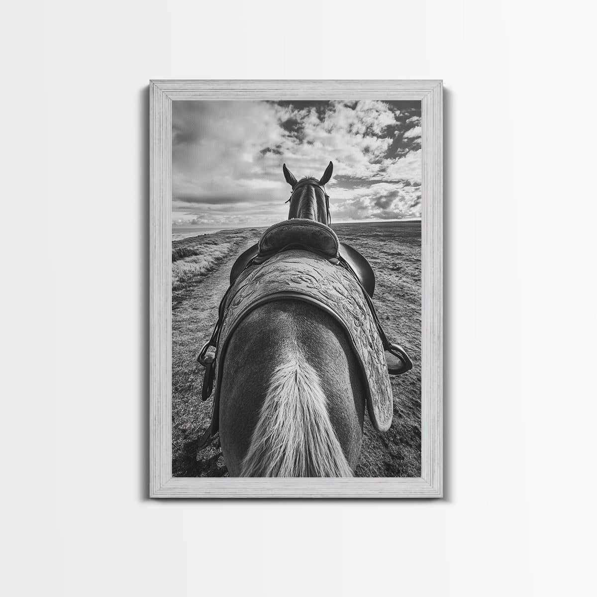 Horseback View, vintage horse art, equestrian decor, rustic wall art, western home decor, moody art, framed canvas print, farmhouse art