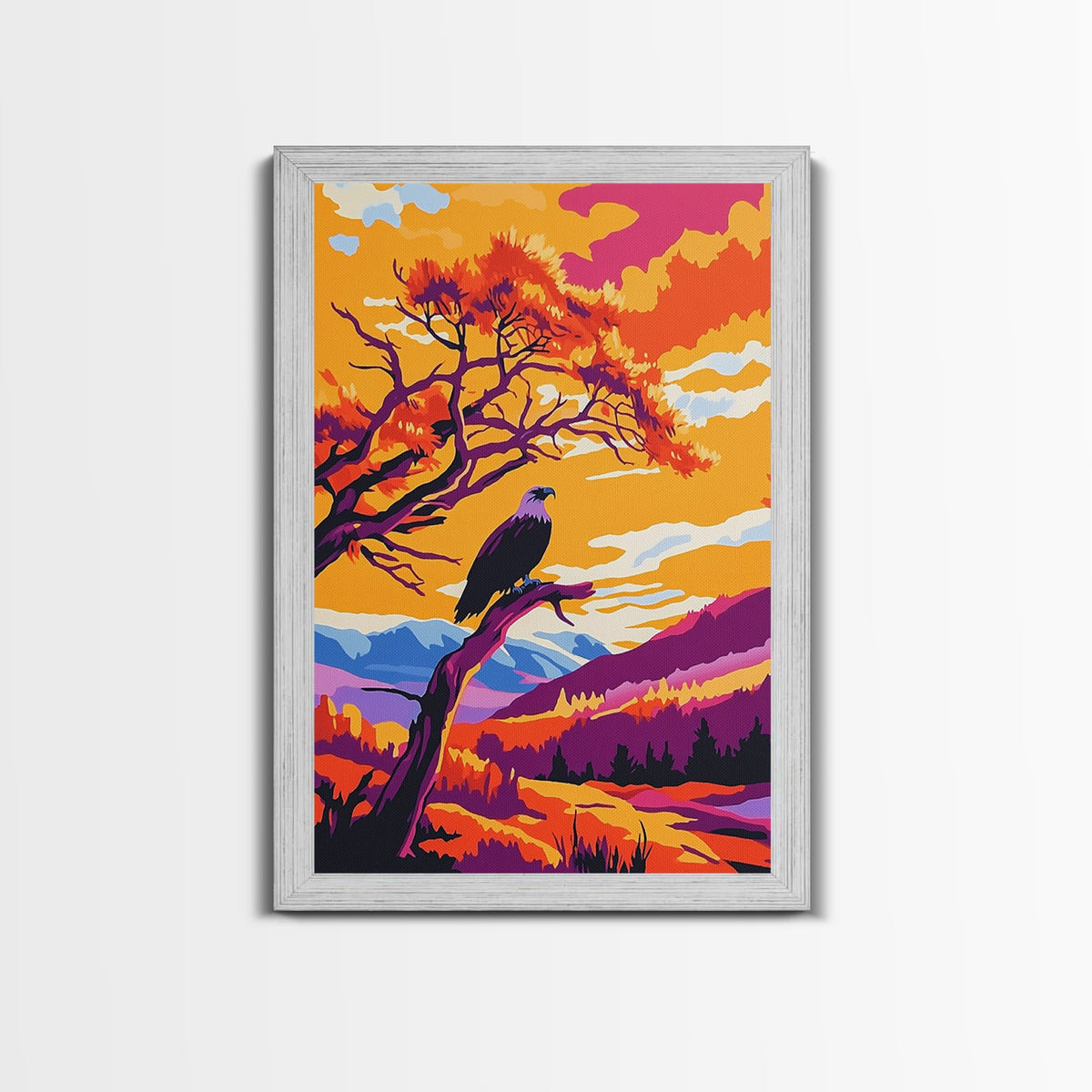 Vibrant Eagle, autumn colors, orange sunset, bold wall art, wildlife art, rustic decor, framed canvas print, mountain painting