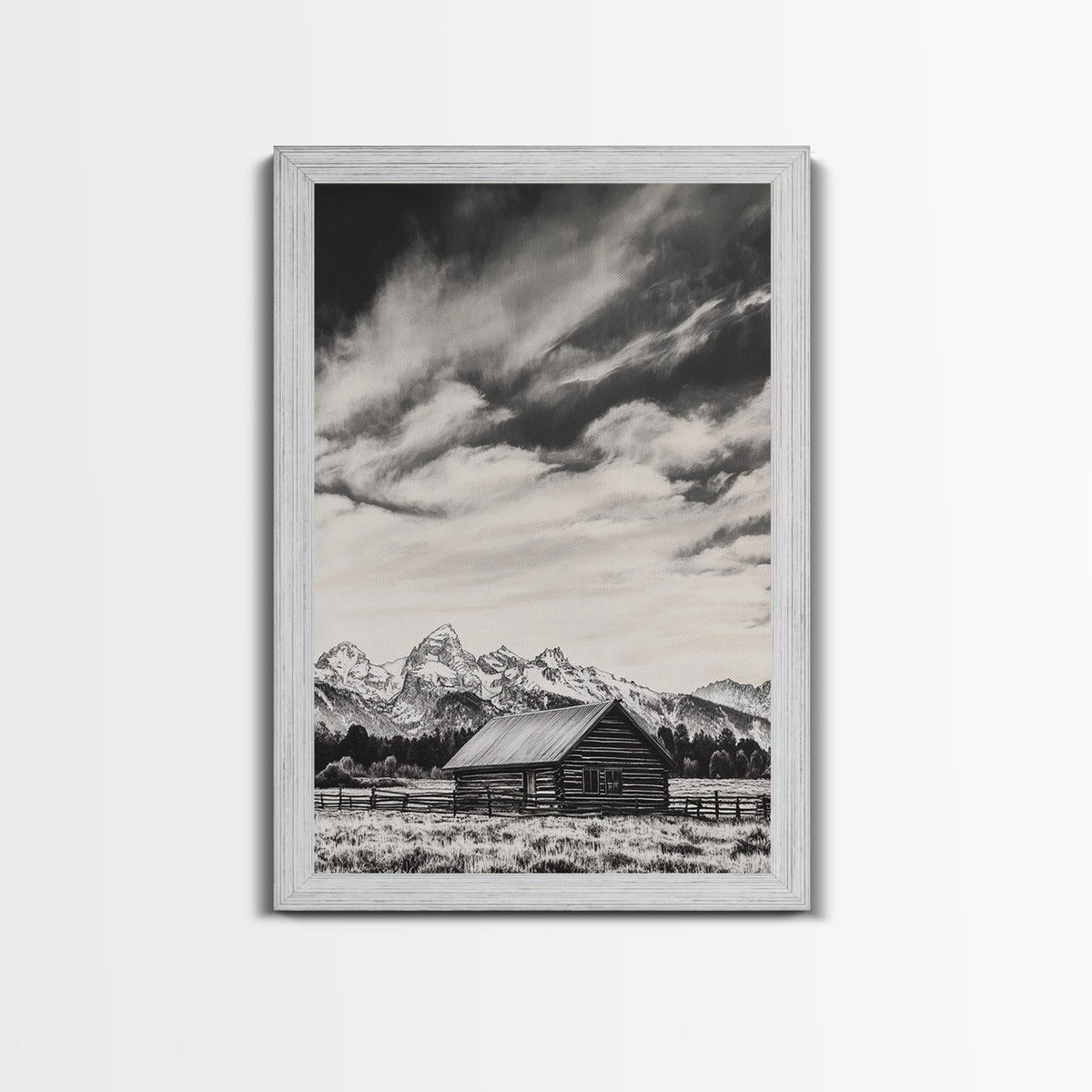 Rustic Cabin, Smoky Mountain Art, Black and White Landscape, Western Wall Art, Wabi Sabi Art, Farmhouse Decor, Canvas Print