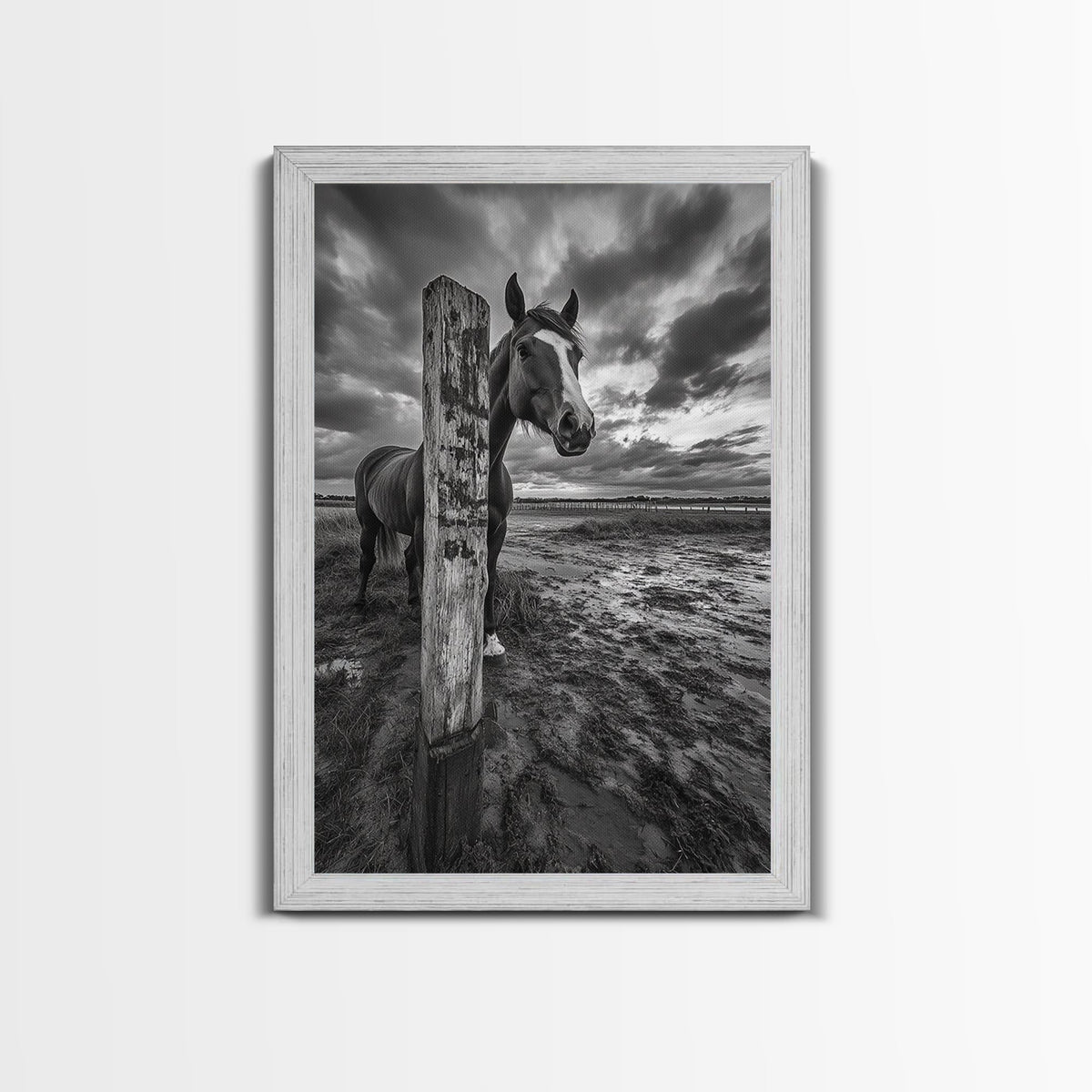 Horse wall art, vintage horse art, rustic decor, black and white photography, moody art, extra wide art, framed canvas print, farmhouse art