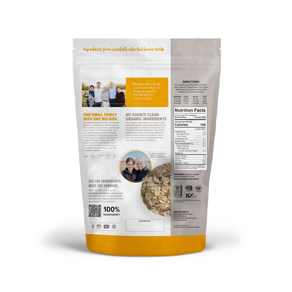 One Degree Organic Foods Sprouted Rolled Oats, 45 oz (Case of 4)