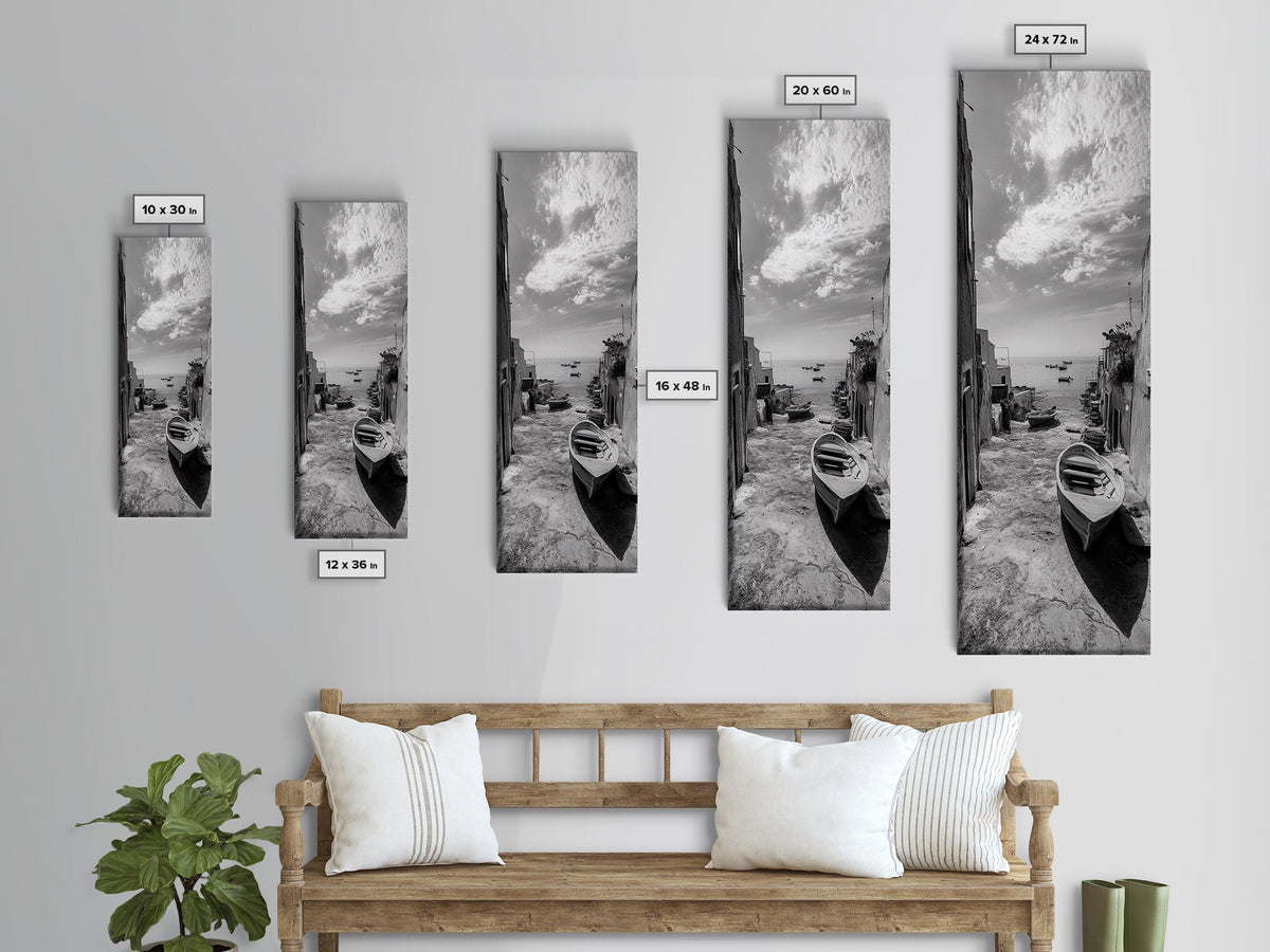 Coastal Village, Boat Alley, Mediterranean Mood, Canvas Print, Rustic travel wall art, Living room vintage print, Seaside nautical decor
