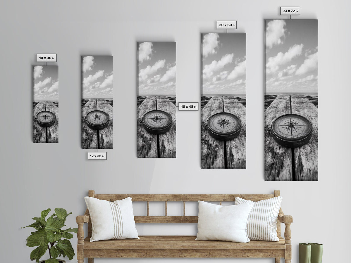 Vintage Compass, Weathered Wood, Ocean Horizon, Canvas Print, Nautical Wall Art, Study Room Decor, Travel Adventure Theme, Library Decor
