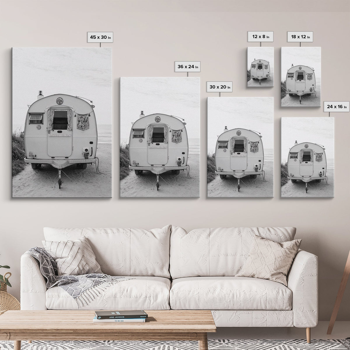 Camper, Vintage, Beach, Boho - Coastal trailer life, Framed Canvas Print, retro decor, great bedroom or travel-inspired office art, black white