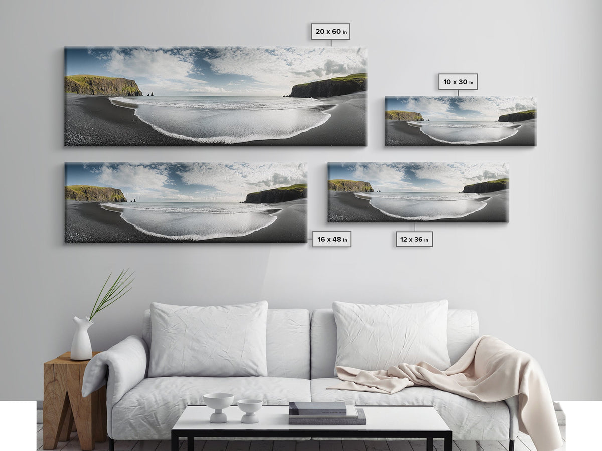 Black Sand Beach, Coastal Cliffs, Ocean Horizon, Icelandic Shore, Framed Canvas Print, Living Room Wall Art, Travel Landscape, Nature Decor