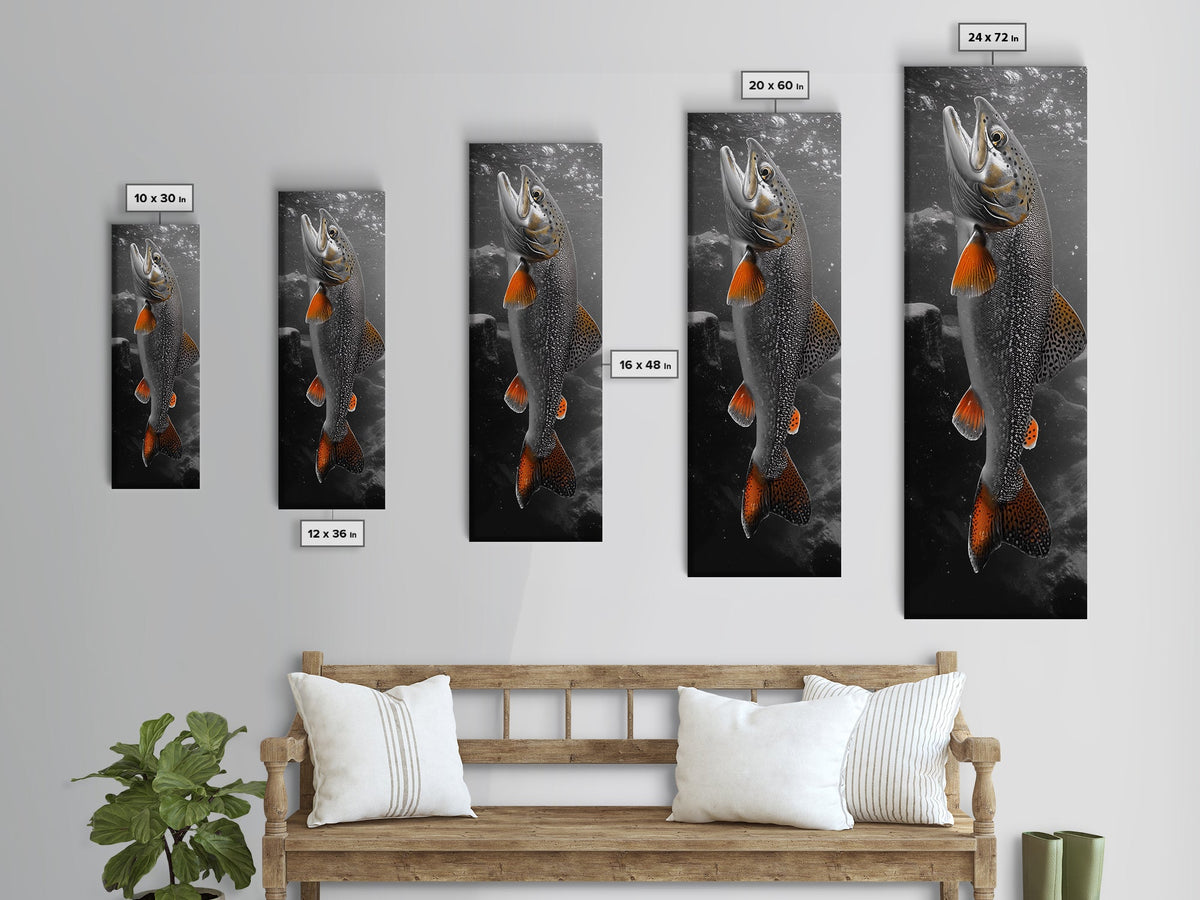 Trout Fishing Print, Underwater Scene, Orange Fins Fish, Rustic Wildlife, Framed Canvas Print, Cabin Decor, Man Cave Wall Art
