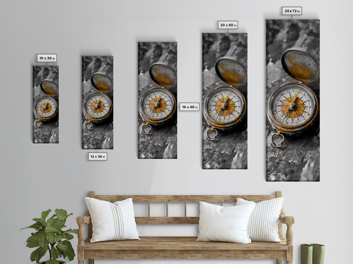 Antique Compass, Wanderlust Charm, Vintage Travel Art, Framed Canvas Print, Rustic Decor, Library or Study Wall Art, Adventure Seeker Gift