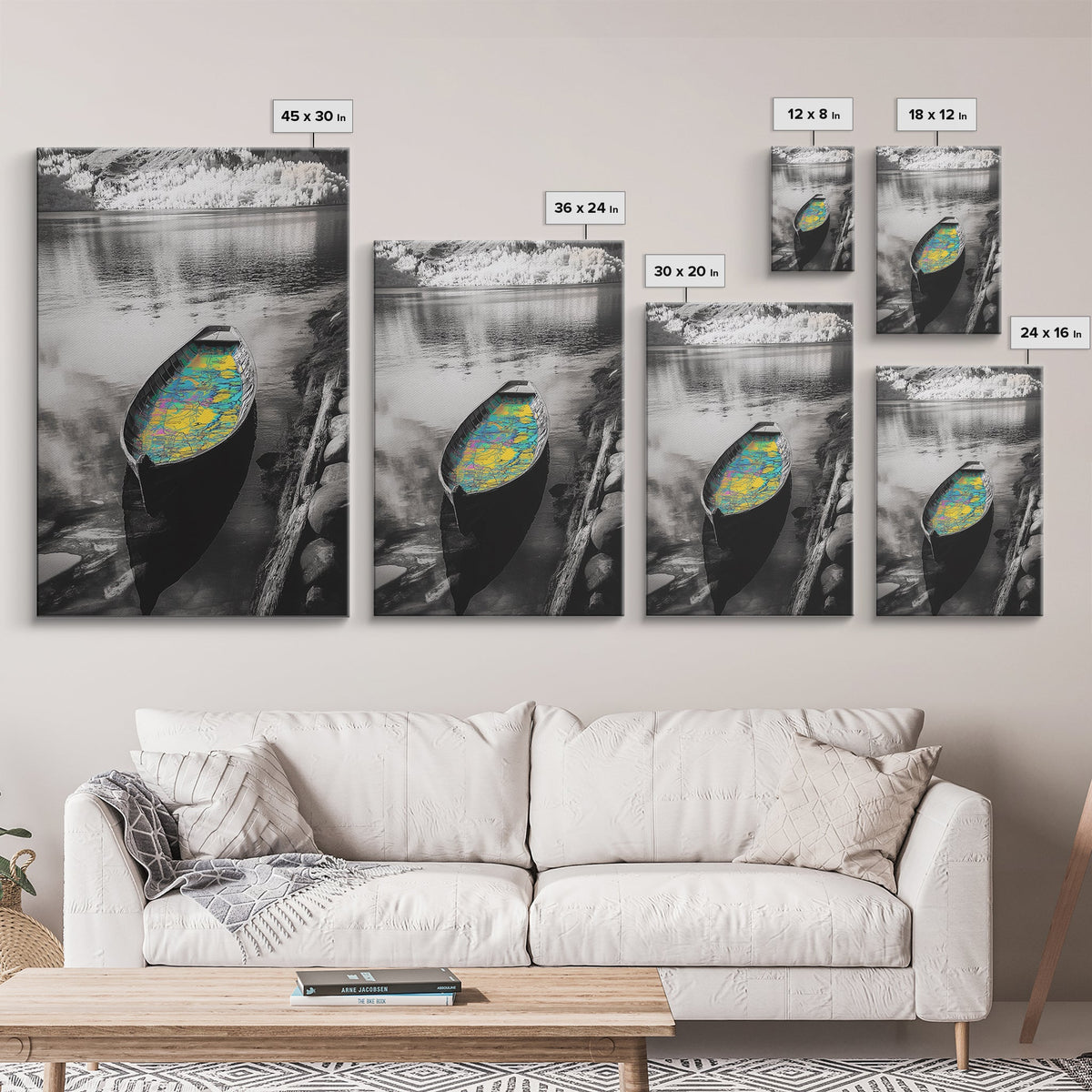 Rowboat Map Interior, Lake Reflections, Artistic Travel Theme, Canvas Print, Cabin Wall Art, Unique Lake House Decor, Explorer Style