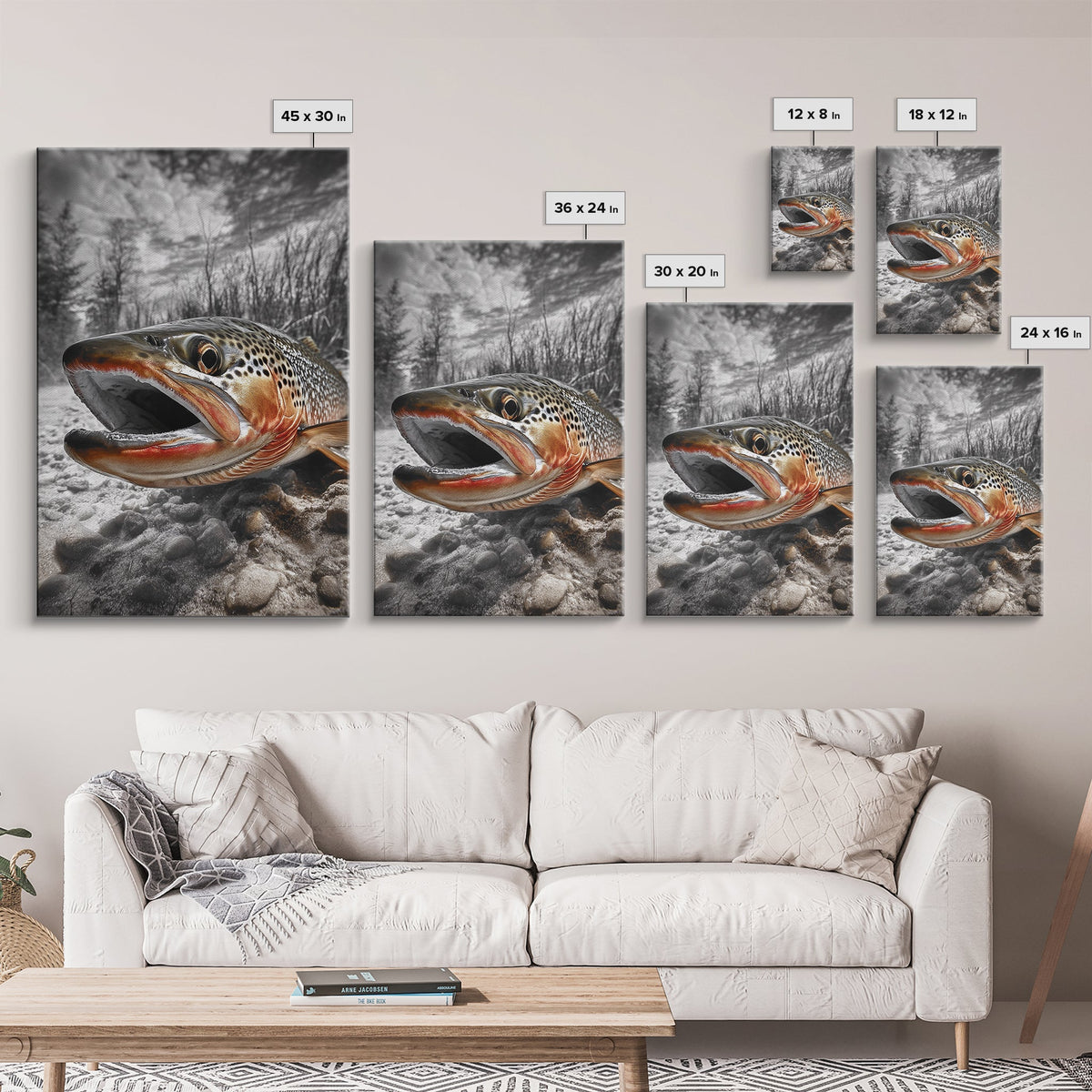 Brown Trout Closeup, Riverbed Focus, Dramatic Fish Art, Framed Canvas Print, Fisherman Gift, Cabin Wall Art, Rustic Outdoor Decor