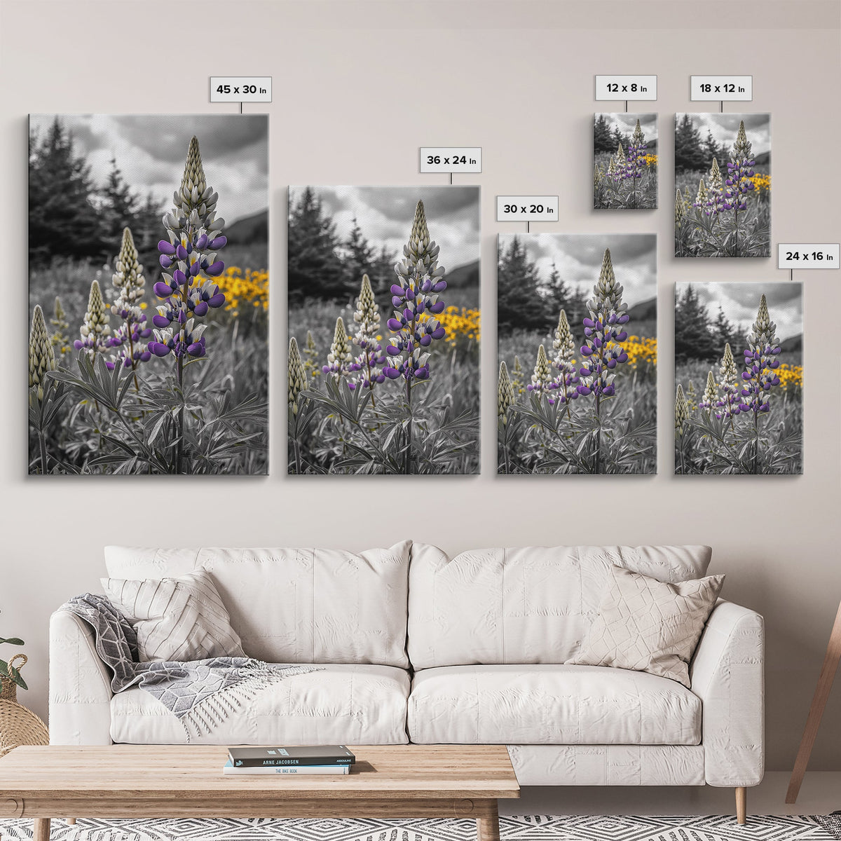 Purple Lupine Flowers, Wildflower Meadow Art, Country Botanical Print, Spring Nature Scene, Framed Canvas Print, Cottagecore Wall Art