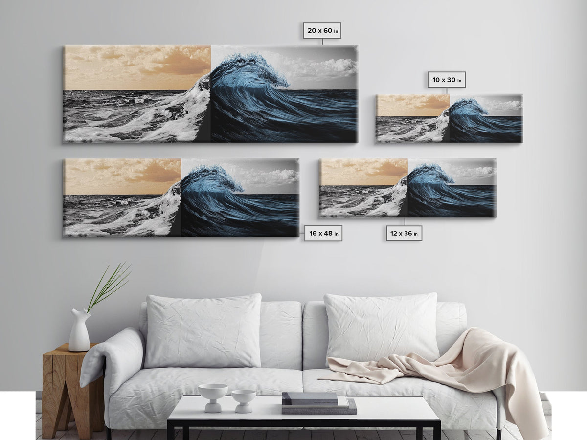 Ocean Wave Split, Sunrise Sea, Blue Tidal Wave, Framed Canvas Print, Nautical Wall Art, Coastal Decor, Bathroom Seascape
