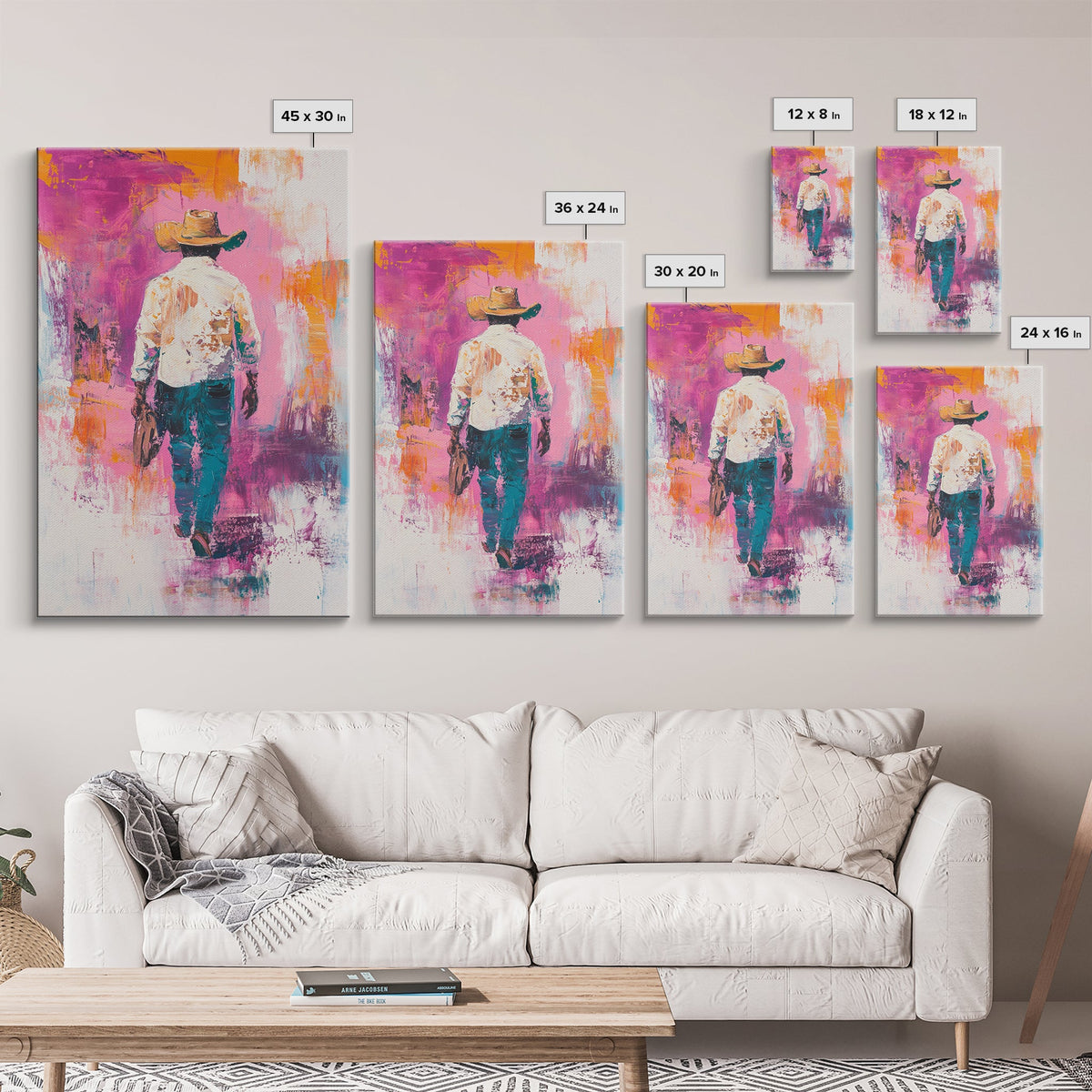Cowboy Walking, chicano art, western aesthetic, rustic wall art, farmhouse art, moody art, bold colors, Framed Canvas Print