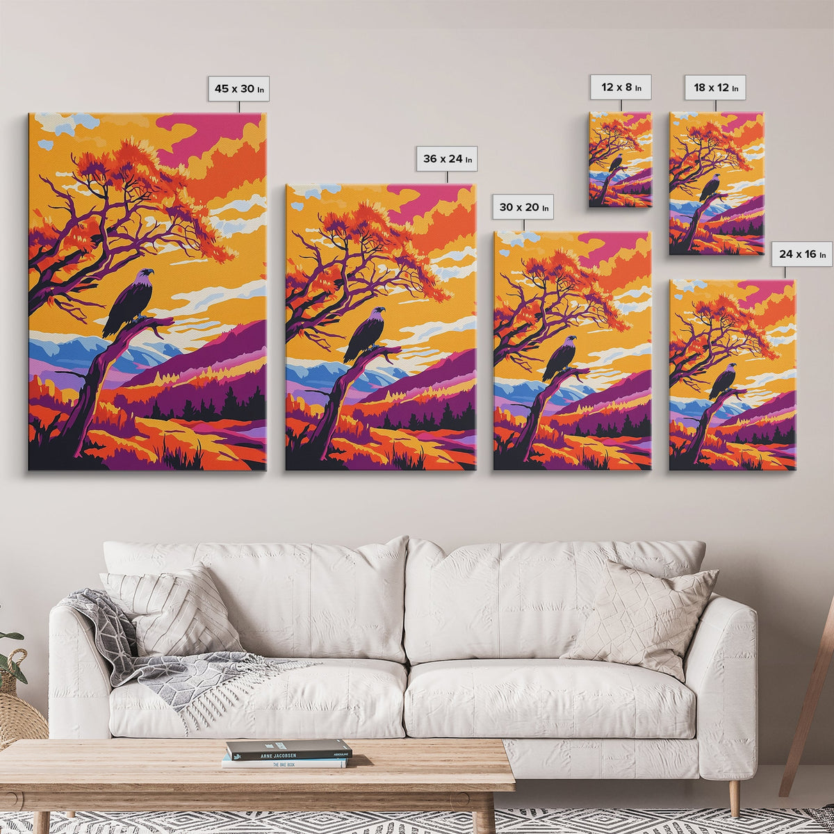 Vibrant Eagle, autumn colors, orange sunset, bold wall art, wildlife art, rustic decor, framed canvas print, mountain painting