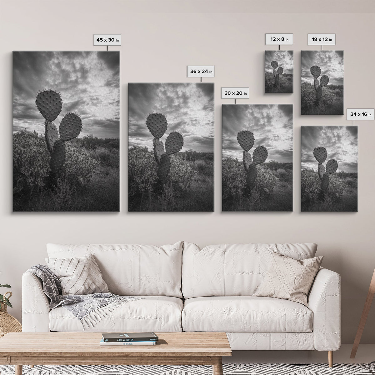 Prickly Pear, cactus art, Joshua tree art, wabi sabi art, moody art, black and white, framed canvas print, minimalist decor, rustic wall art