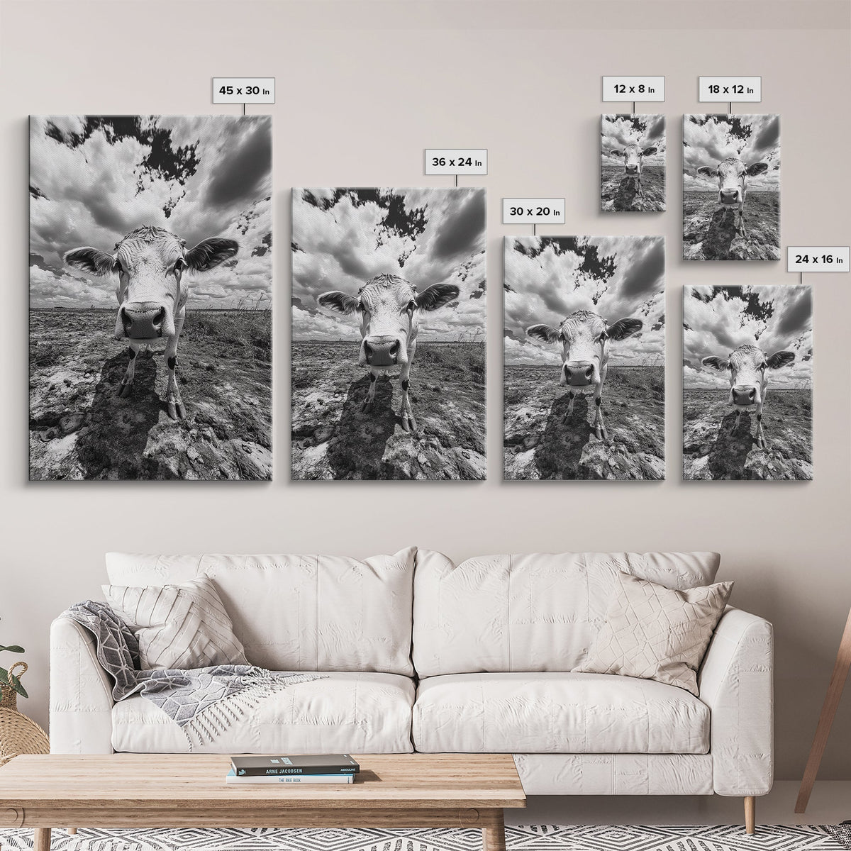 Rustic decor, vintage cow photography, framed canvas print, farmhouse art, black and white wall art, country aesthetic, moody art, southwest wall art