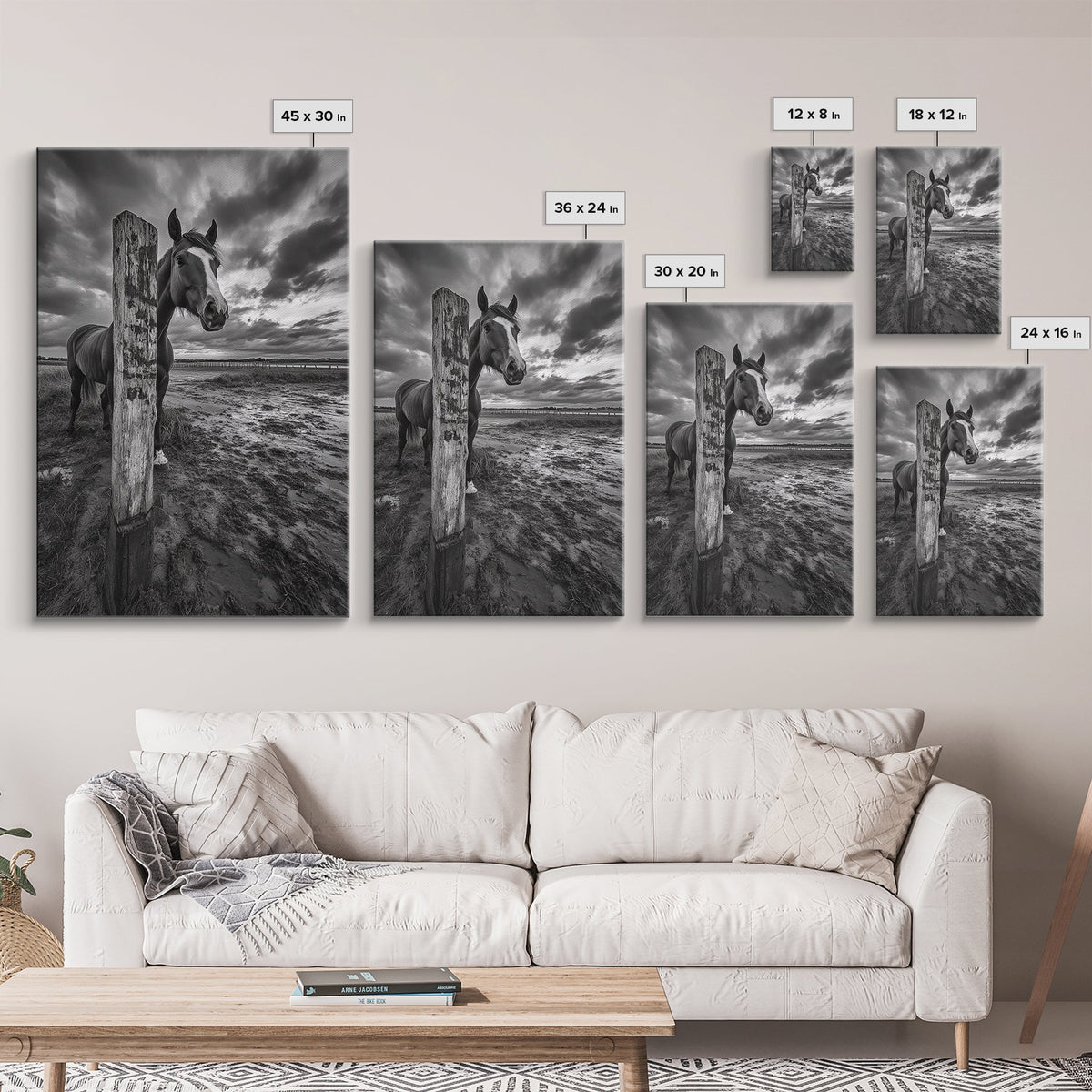 Horse wall art, vintage horse art, rustic decor, black and white photography, moody art, extra wide art, framed canvas print, farmhouse art