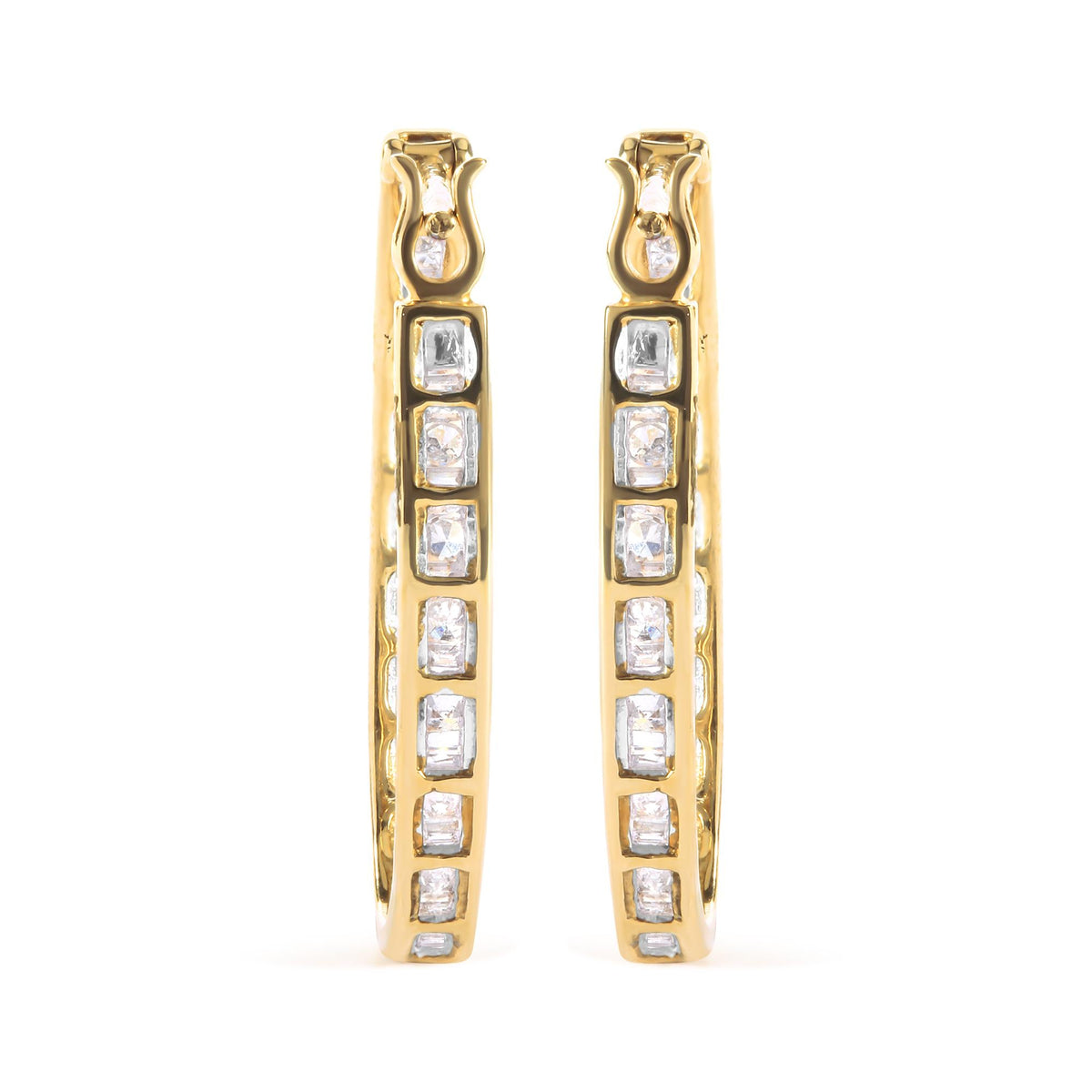 10K Yellow Gold 1.00 Cttw Round and Baguette-Cut Diamond U-Hoop Earrings (H-I Color, SI2-I1 Clarity)