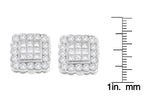 14K White Gold 1.0 Cttw Round Brilliant & Princess Cut Diamond Scallop-Edge Framed Square Halo Stud Earrings (G-H Color, SI1-SI2 Clarity)