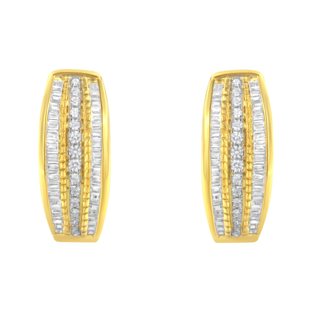 10K Yellow Gold 3/4 Cttw Pave and Channel Set Diamond Triple Row Modern Hoop Earrings (I-J Color, I2-I3 Clarity)
