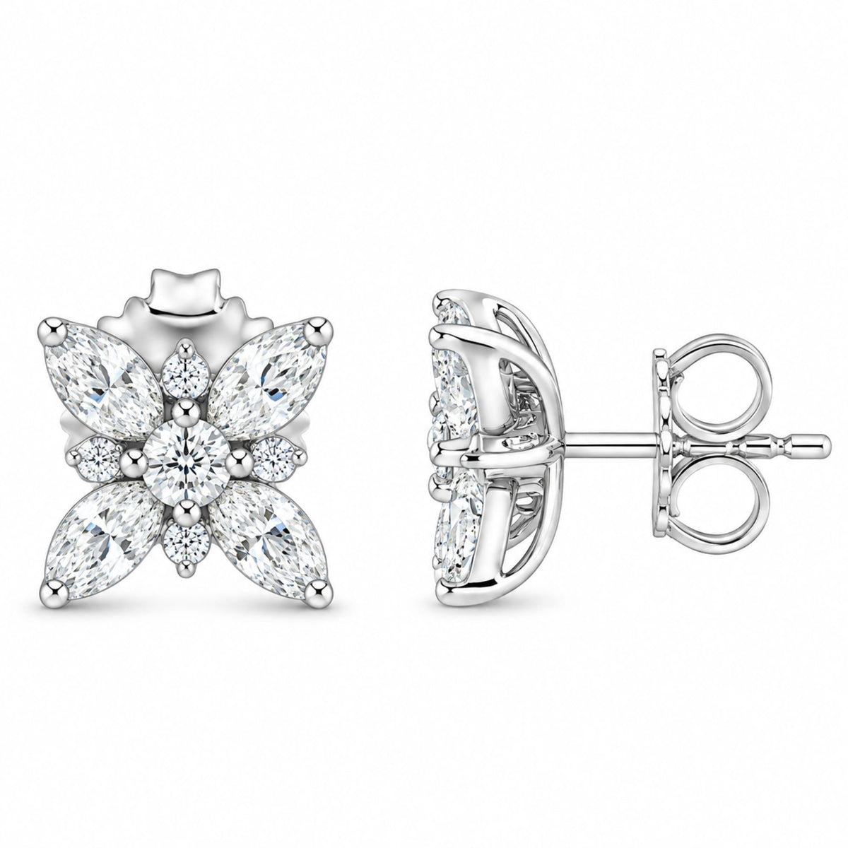 14K White Gold Marquise Diamond Flower Stud Earring (1.00 cttw, H-I Color, SI1-SI2 Clarity)