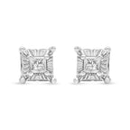 .925 Sterling Silver 1/4 Cttw Miracle Set Princess-Cut Diamond Solitaire Stud Earrings with Hidden Halo (I-J Color, SI2-I1 Clarity)