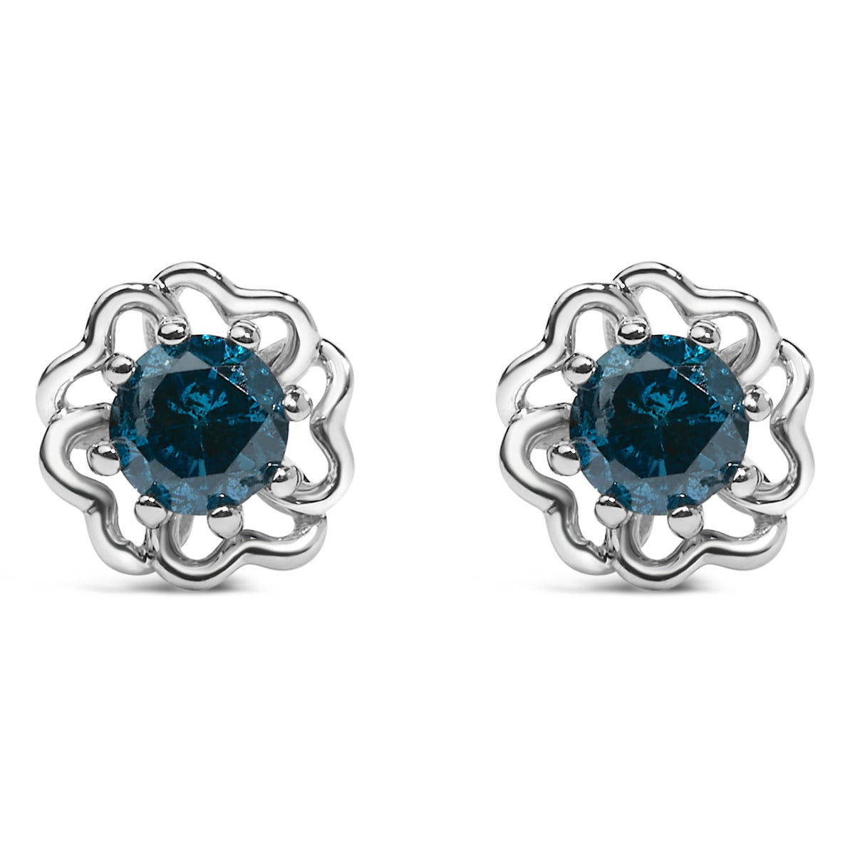 .925 Sterling Silver 1/2 Cttw Blue Diamond with Openwork Floral Halo Stud Earrings