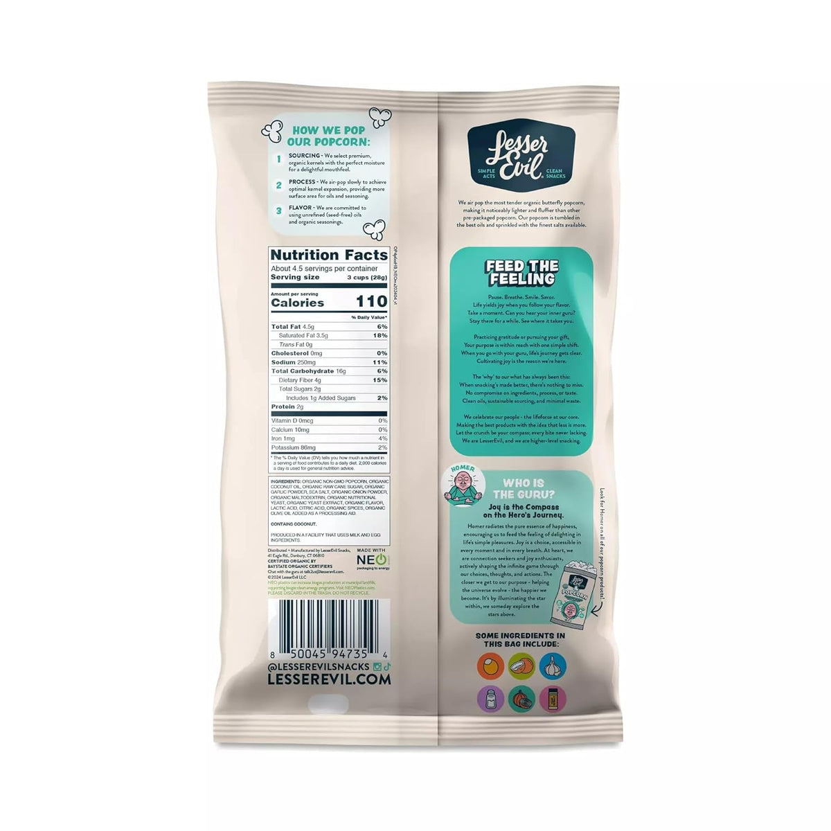 LesserEvil Organic Homer's Blend Popcorn, 4.6 oz (Case of 12)