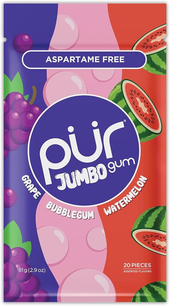 PUR Gum Jumbo Grape Bubblegum Watermelon Gum, 2.9 oz (Case of 10)