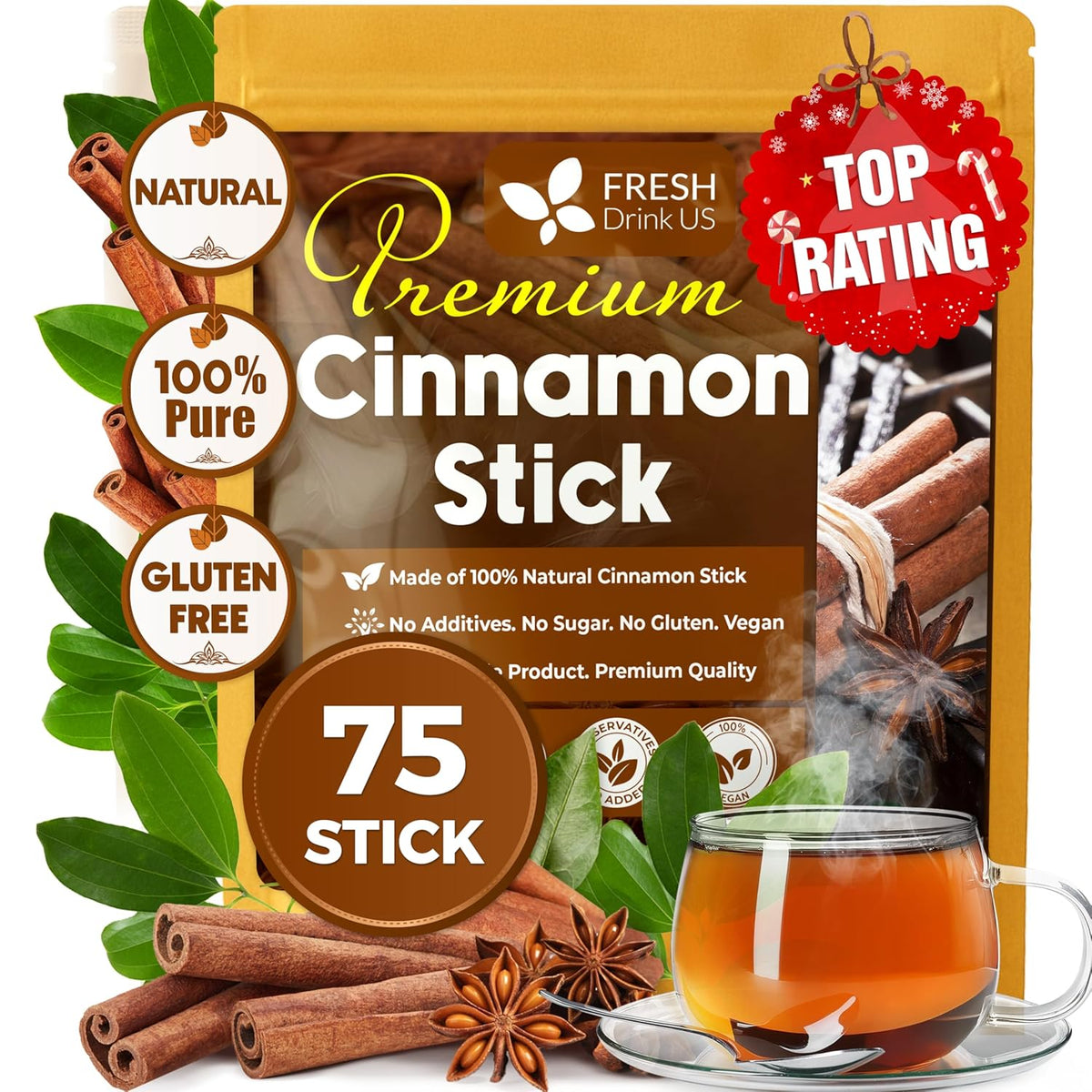 Cinnamon Sticks, Whole Sticks, 100% Natural & Pure Cinnamon Inner Bark, Raw Cinnamon Spice Flavor & Strong Aroma, Cinnamon Spice Herbal Tea, Perfect for Warm Beverages, No Additives, Vegan