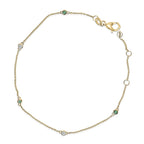 14K Yellow Gold Alternating Green Emerald and Diamond Bezel Station Chain Bracelet - Size 7.5 inch