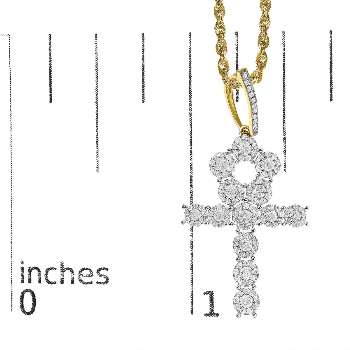 Men's 10K Yellow Gold 1 3/4 Cttw Diamond Cluster Ankh Cross Pendant Necklace - 18" Inches