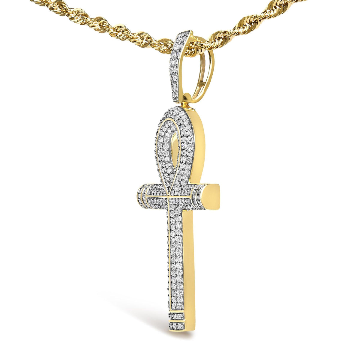 10K Yellow Gold 1 7/8 Cttw Round Diamond Ankh Cross Pendant Necklace for Men (H-I Color, SI1-SI2 Clarity)