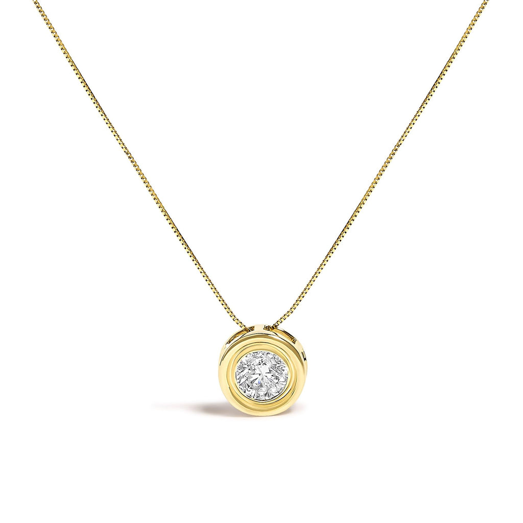 14K Yellow Gold 1 3/8 Cttw Bezel Set Round Champagne Diamond Solitaire 18" Pendant Necklace (Champagne Color, SI2-I1 Clarity)
