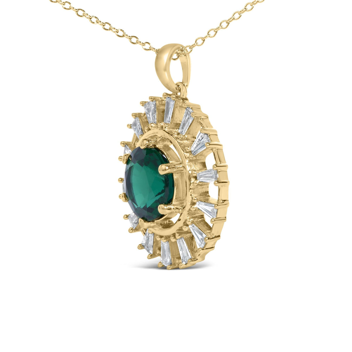 14KT Yellow Gold Plated .925 Sterling Silver Lab Grown Emerald and Baguette Diamond Medallion Pendant Necklace